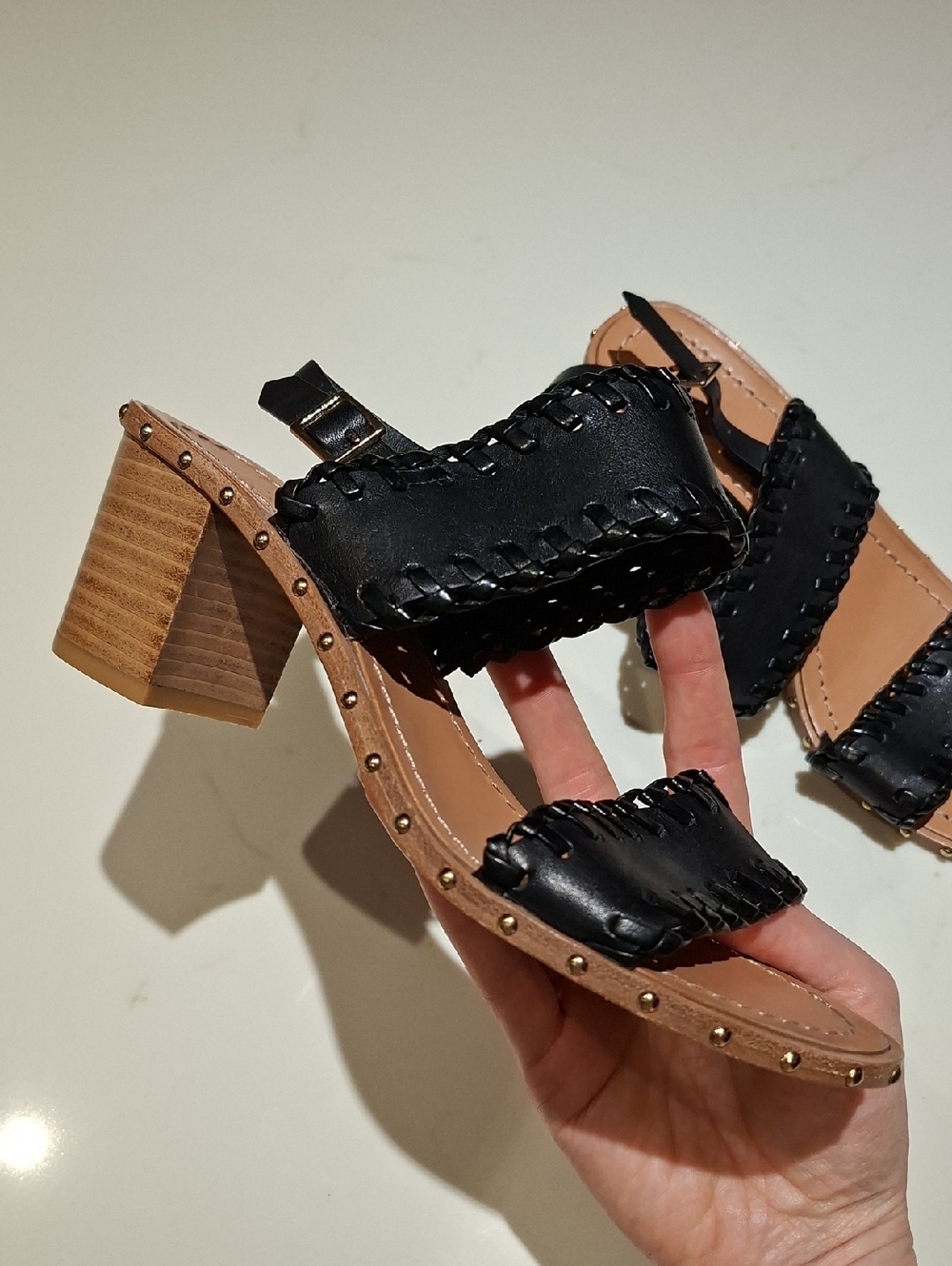 Kate Spade OOAK Sample Black Leather Whip-stitch Studded Heeled Sandals (Size 7)